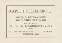 712795 Visitekaart van verhuisbedrijf Karel Dusseldorp Jr., Bolksbeekstraat 68 te Utrecht